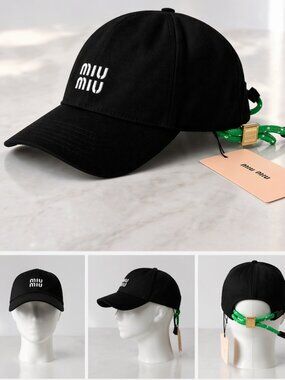 Miu Miu Logo Baseball Cap Black Adjustable Cord Strap NWT